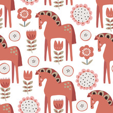 Christmas Scandinavian Seamless Pattern With Red Ornamental Horses, Apples And Flowers. Nordic, Swedish Winter Design For Textile, Gift Wrapping Paper, Scrapbooking. Vector Illustration Background.