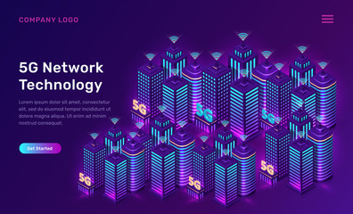 Wall Mural - 5g network technology, isometric concept vector illustration. smart city, tall buildings with 5g sym