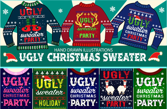 Ugly christmas sweater and new year greeting card. 