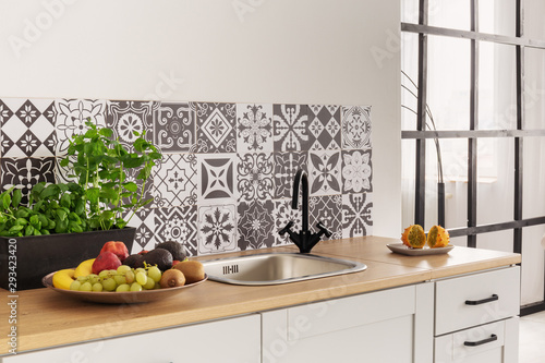 Herbs And Fruits On Kitchen Counter In Bright Interior With Trendy Tiles The Wall Stock Photo Adobe - Herb Kitchen Wall Tiles