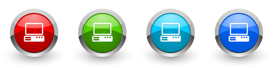 Fototapete - Computer silver metallic glossy icons, red, set of modern design buttons for web, internet and mobile applications in four colors options isolated on white background
