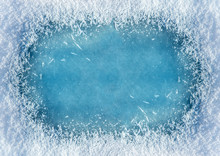 Winter Background: Close-up Of Frozen Ice With Snow Crystals And Snowflakes. Christmas And Happy New Year Frame Background With Copyspace. Ice And Snow Texture