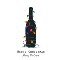 Wall Mural - Christmas black champagne bottle with colorful light bulb vector greeting card