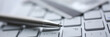 © H_Ko - Silver pen with credit card lie white keyboard pc buttons closeup. Financial transfer security when entering client discount program number filling personal credential password login account concept