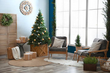 Wall Mural - Beautiful interior with decorated Christmas tree in living room