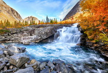 Beautiful Autumn Landscape With Yellow Trees And Waterfall
