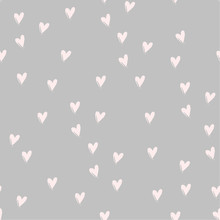 Pink Hearts On White Hand Drawn Cute Tender Color Seamless Pattern. Love And Valentine Day