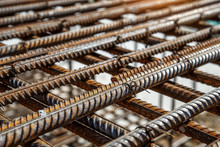 Industrial Background. Preparation For Pouring Concrete. Construction Of Buildings Of Reinforced Concrete.steel Reinforcement Bar Texture In Construction Site,Closeup Of Steel Rebars