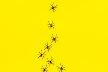 Halloween Decoration With Spiders On Yellow Background Top View Space For Text
