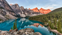 Moraine Lake In Banff National Park In Canada Taken At The Peak Color Of Sunrise