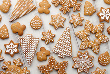 Christmas Gingerbread Cookies Set On White Planks
