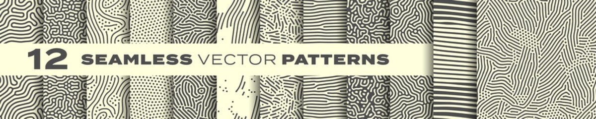 Seamless patterns vector set, abstract organic lines backgrounds. Creative design biological patterns with memphis dots and irregular squiggle line shape texture