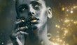 © de Art - Gold Paint smudges drips from woman face, lips and hand, lipgloss   dripping from sexy lips, golden liquid drops on beautiful model girl's   mouth, gold metallic skin make-up