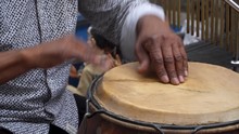 Close Up Shot Of Candombe Drummer Hands Playing In San Telmo Fair, Buenos Aires