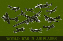 World War II Most Famous Airplanes Collection In Green Scratch Vector Background. Vector Illustration Set.
