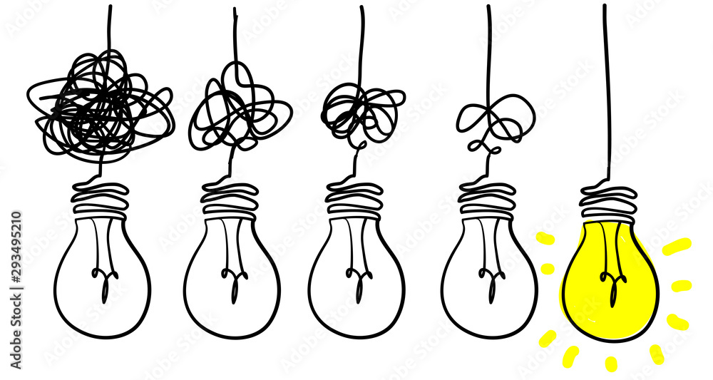 Simplifying the complex, confusion clarity or path vector idea concept with lightbulbs doodle illustration - obrazy, fototapety, plakaty 