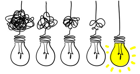 Simplifying the complex, confusion clarity or path vector idea concept with lightbulbs doodle illustration