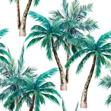 Watercolor Seamless Pattern. Summer Tropical Palm Trees Background. Jungle Watercolour Print