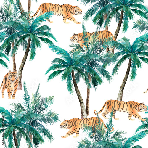 Jungle seamless pattern. Tropical palm trees and tiger. Hand drawn watercolou...