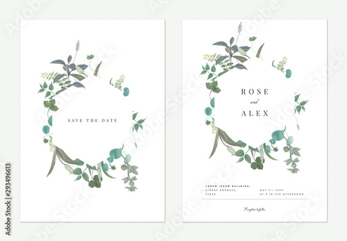 Flowers and foliage wedding invitation card template design, hexagon frame de...