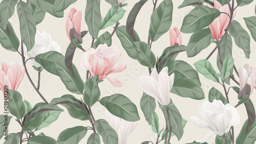Dekoracja na wymiar  kwiatowy-wzor-rozowe-i-biale-kwiaty-i-liscie-magnolii-anyzu-na-jasnobrazowym-pastelowym-motywie-vintage
