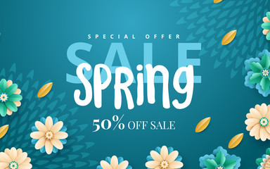 Spring sale. Bright advertising background with flowers, text. The effect of cut paper. Season discount banner design. Vector illustration