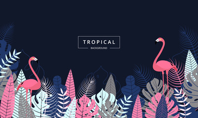 Tropical background with Flamingo bird. Tropical leaves and flower. Jungle exotic leaf on dark background for promotion banner design, flyer, party poster, printing and website. Vector illustration.