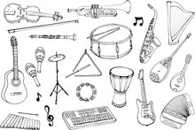 Vector Set Of Musical Instruments. Cartoon Monochrome Isolated Objects On A White Background. Linear Hand Drawn Illustration.