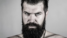 Handsome Brutal Male. Portrait Of Masculinity. Portrait Brutal Bearded Man. Sexy Closeup Portrait Of Brutal Handsome Male, Black Beard. Sexy Look Of Male. Hipster Man With Beard, Sexy. Black And White