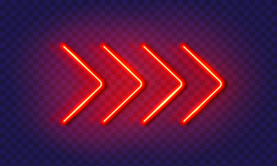 Wall Mural - Neon arrow lamp wall sign isolated on transparent background. Vector red power glowing bulb banner, light line element.