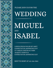 Wall Mural - Traditional mexican wedding invite card template vector. Vintage mosaic tile pattern with green, blue and turquoise texture. Moroccan background for save the date design or invitation party.