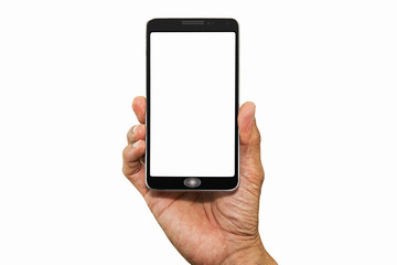 Hand holding white blank screen smartphone isolated on white background with clipping path