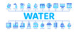 Water Treatment Minimal Infographic Web Banner Vector. Filter And Cleaning System Water Treatment Elements From Microbe Germs Linear Pictograms. Rain Cloud And Pump Station Contour Illustrations