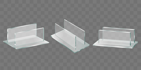 Acrylic glass table talker, plastic holder for advertising brochures, promotional banners and leaflets. Restaurant menu, shop price tag stand 3d realistic vector set isolated on transparent background