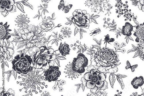 Dekoracja na wymiar  czarno-bialy-wzor-bezszwowe-kwiaty-chrzaszcze-i-motyle