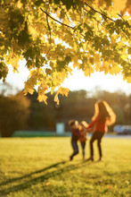 Cute Family In A Autumn Park. Happy Mother With Little Kids. Family Playing On Yellow Leaves. Golden Autumn.
