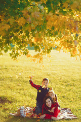 Wall Mural - Cute family in a autumn park. Happy mother with little kids. Family sitting on yellow leaves. Golden autumn.