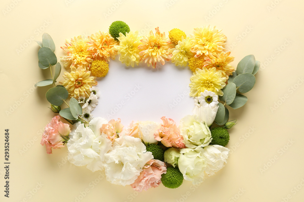 Beautiful composition with flowers and blank card on color background