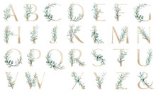 Floral Gold Alphabet, Set Letters With Watercolor Leaf Eucalyptus. Monogram Initials Perfectly For Wedding Invitations, Greeting Card, Logo, Poster And Other Design. Holiday Design Hand Painting.