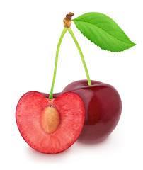 Wall Mural - Whole and halved cherries isolated on a white.