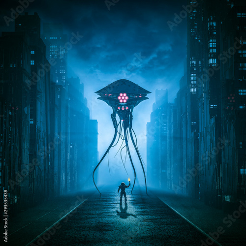 Fototapeta Alone against the invader / 3D illustration of retro science fiction scene with