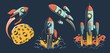 Space rocket of various designs flies in space - set of retro vector illustrations. Vintage spaceship launch to the other planet.