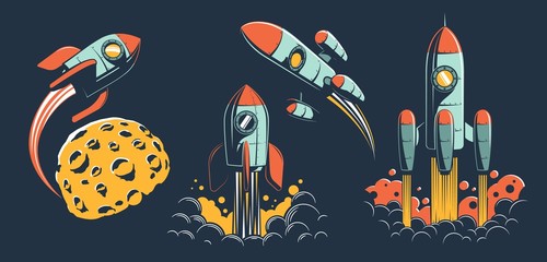 Wall Mural - space rocket of various designs flies in space - set of retro vector illustrations. vintage spaceshi