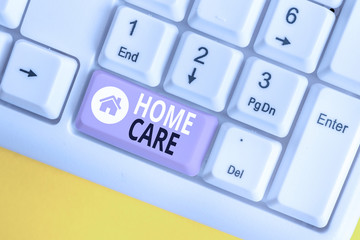 Wall Mural - Word writing text Home Care. Business photo showcasing Place where showing can get the best service of comfort rendered White pc keyboard with empty note paper above white background key copy space