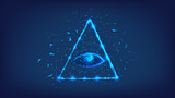 Fototapeta Łazienka - Polygonal eye in the pyramid of 1 dollar bill. Dollar USA, pyramid, Eye of Providence. Macro.  Background of beautiful dark blue night sky. Low poly. Concept of business.