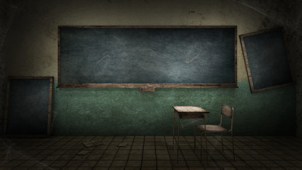 horror and creepy classroom in the school. 3D rendering