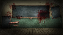 Horror And Creepy Classroom In The School With Blood. 3D Rendering