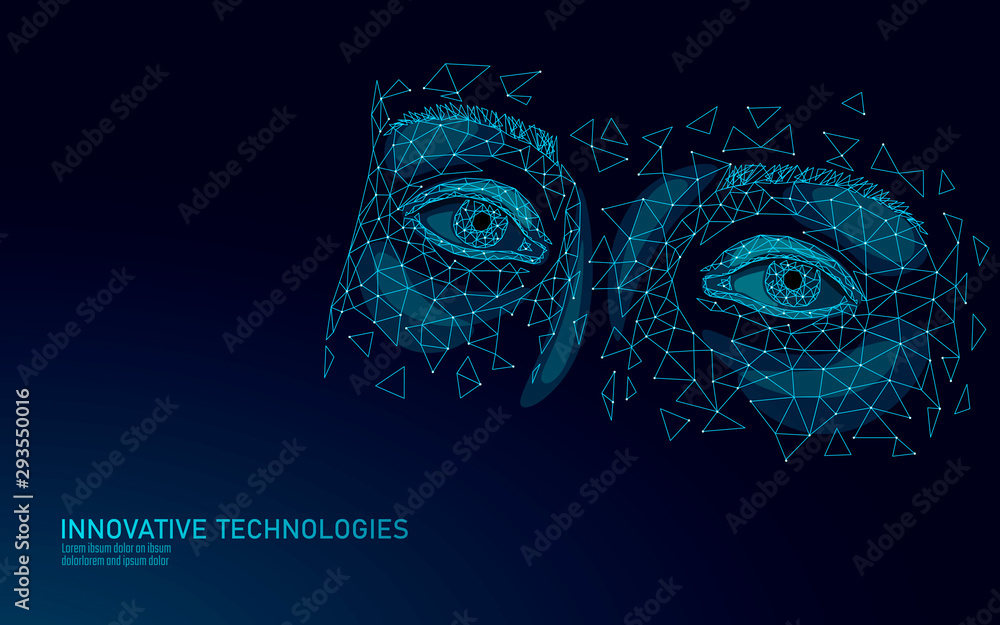 3D eyelid technology low poly design. Skincare treatment adult face salon procedure. Video gaming addiction cyberspace depression concept vector illustration - obrazy, fototapety, plakaty 