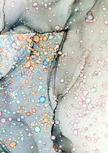Abstract Illustration In Alcohol Ink Technique. Color Bubbles On Pale Green And Pink Marble Texture. Wash Drawing Effect Wallpaper. Modern Illustration For Card Design, Ethereal Graphic Design.
