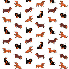 Cartoon Happy Dachshund - Simple Trendy Pattern With Different Dogs. Flat Vector Illustration For Prints, Clothing, Packaging And Postcards. 
